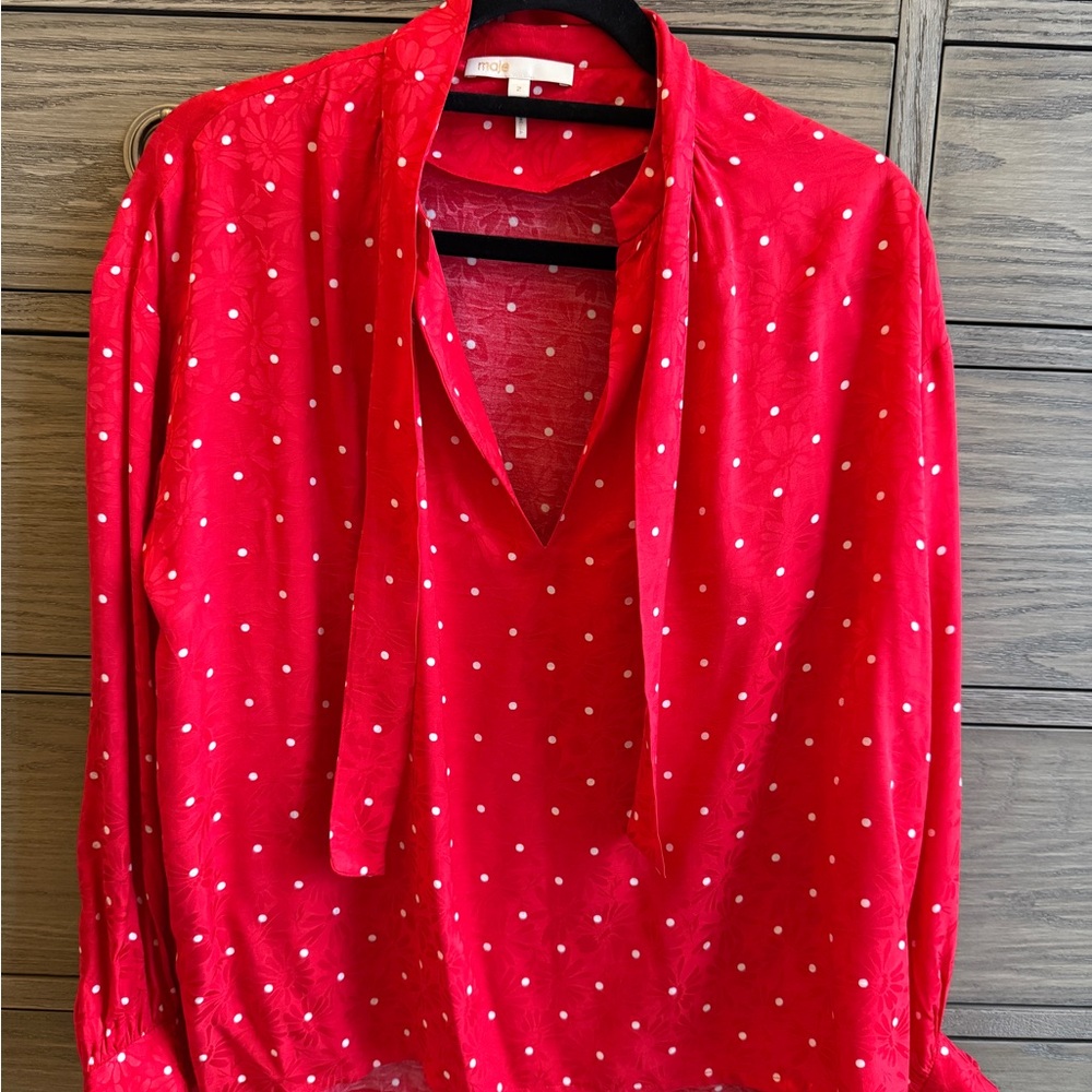 Maje Red Long Sleeve Tie Front Blouse